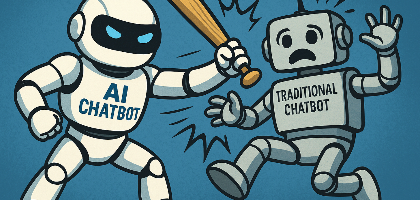 AI chatbot overpowering traditional chatbot with baseball bat in mid-air, representing superiority in automation and customer service