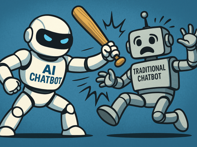 AI chatbot overpowering traditional chatbot with baseball bat in mid-air, representing superiority in automation and customer service