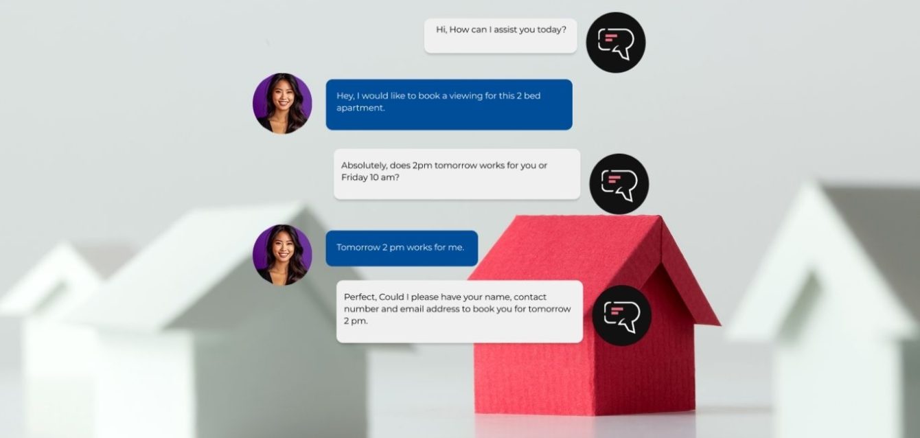 Illustration of an AI chatbot interacting with real estate customers, demonstrating how AI supports real estate lead generation in Australia.