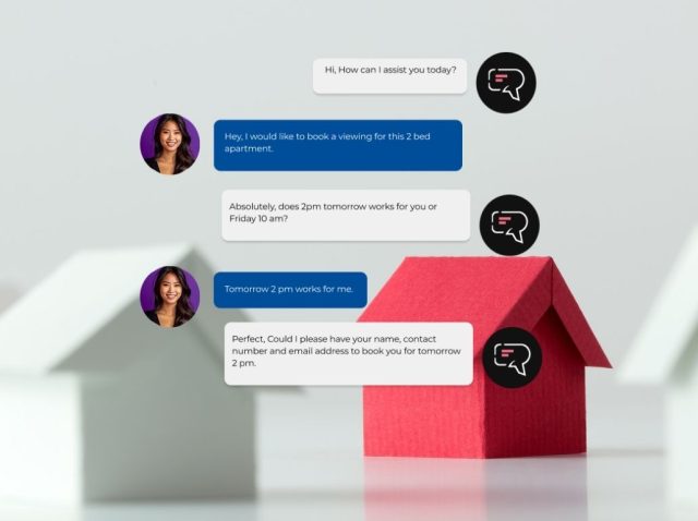 Illustration of an AI chatbot interacting with real estate customers, demonstrating how AI supports real estate lead generation in Australia.